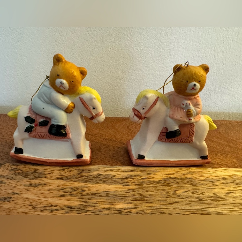 Vintage Ceramic Bears on Rocking Horse Ornaments.